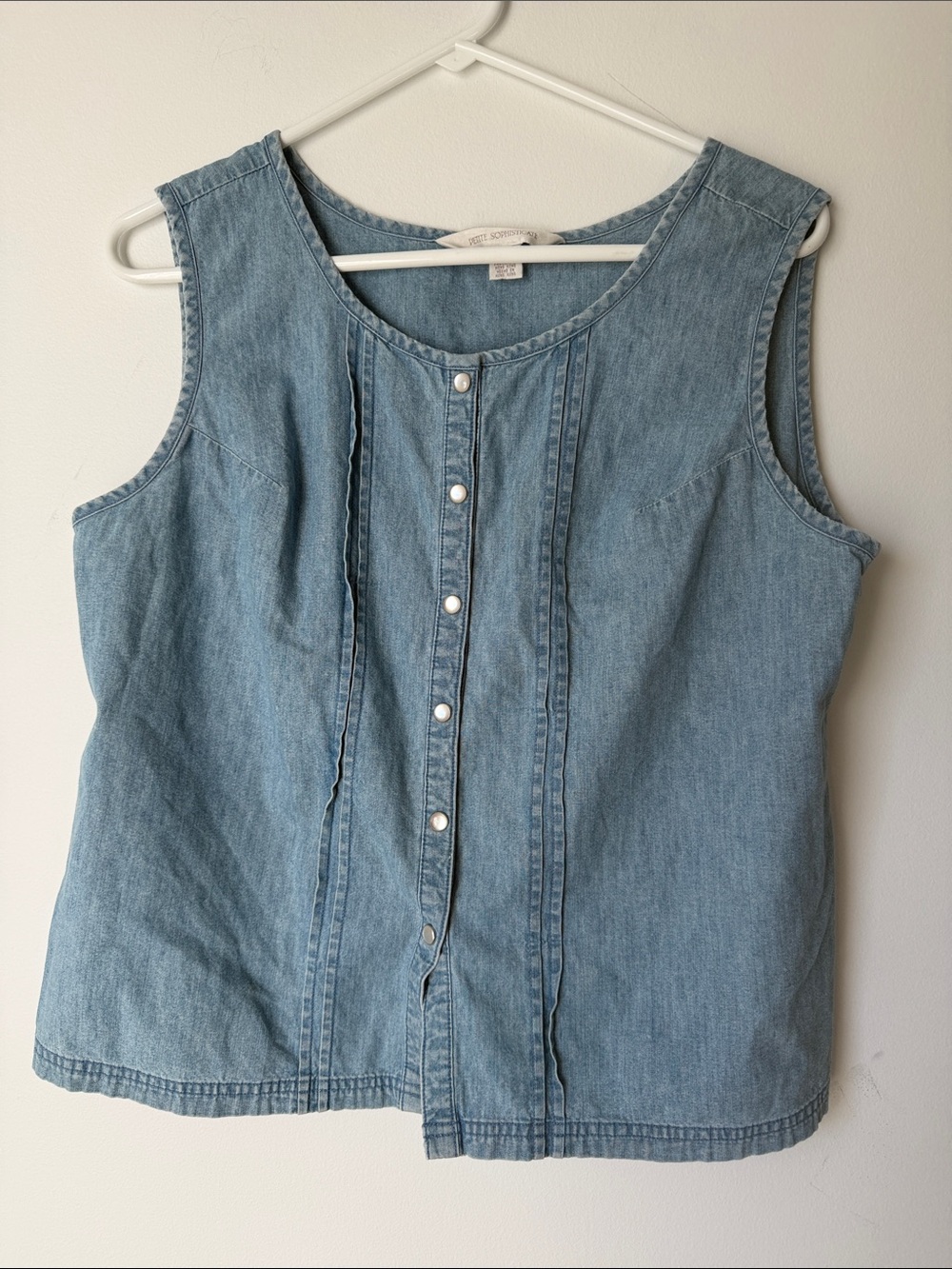 Petite Sophisticate Light Blue Sleeveless Denim Button-Front Top